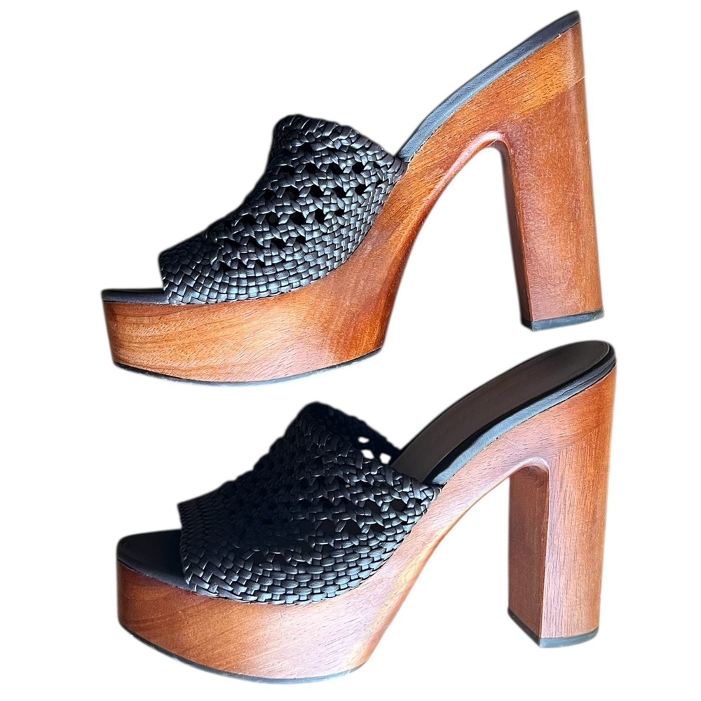 Veronica Beard Guadalupe Woven Platform Mule Heels Wood Chunky Resort 8.5